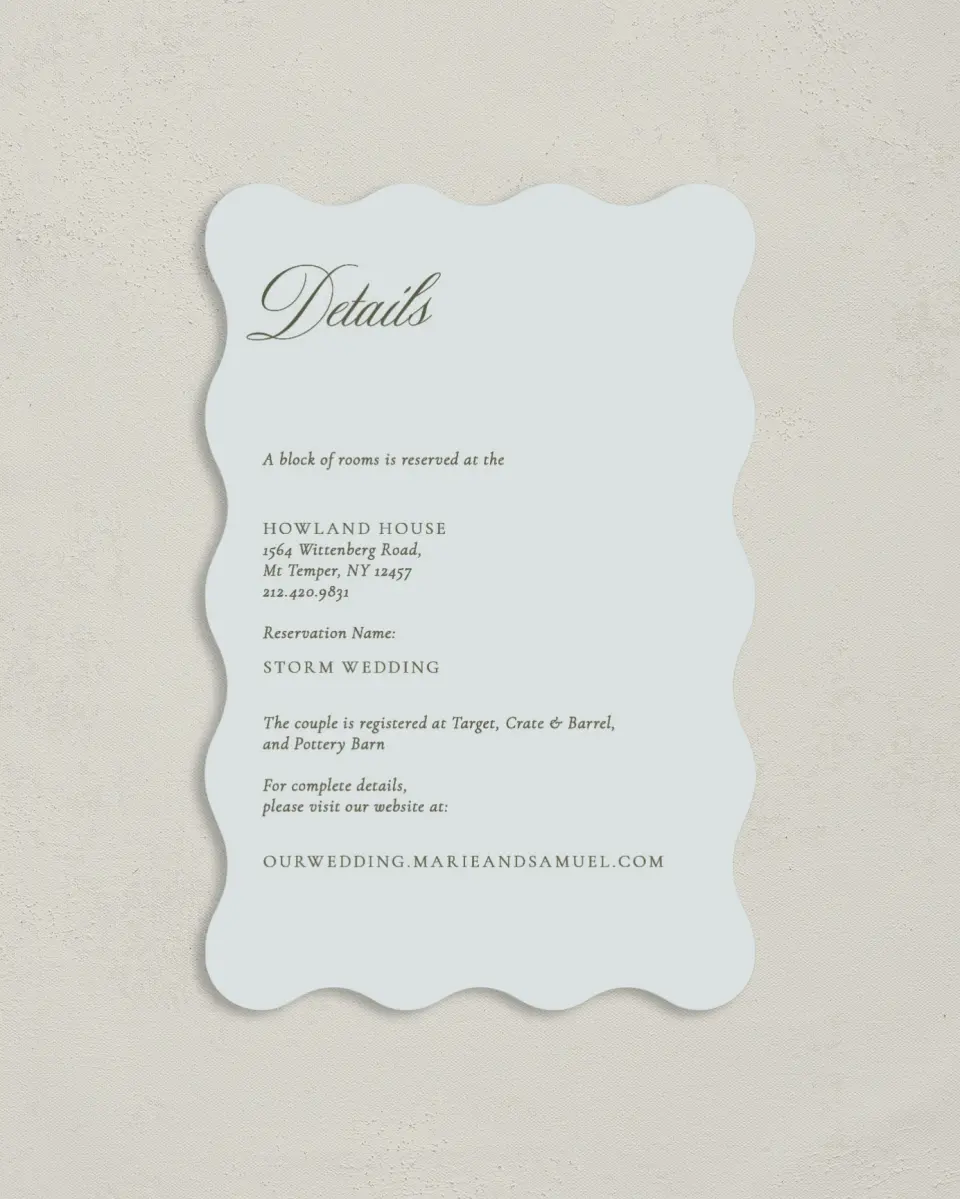 This is a 4" x 6" Wedding Invitation Enclosure Card called Foxfire printed in full color on Luxe Satin paper