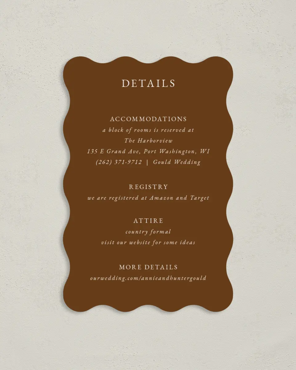 This is a 4" x 6" Wedding Invitation Enclosure Card called Cedarhill Crossing printed in full color with Rose Gold foil on Luxe Satin paper