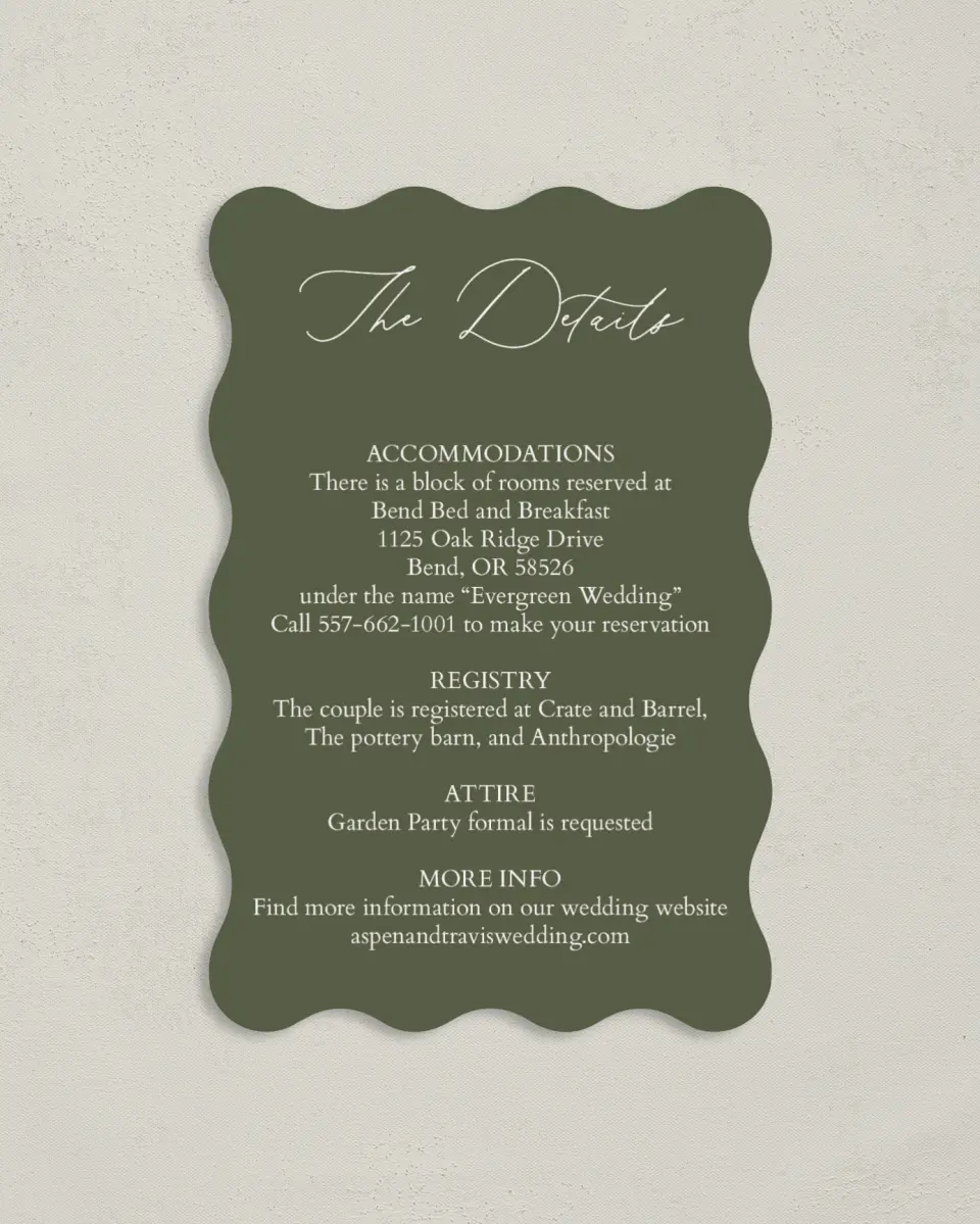 This is a 4" x 6" Wedding Invitation Enclosure Card called Willowmere printed in full color with Silver foil on Luxe Satin paper