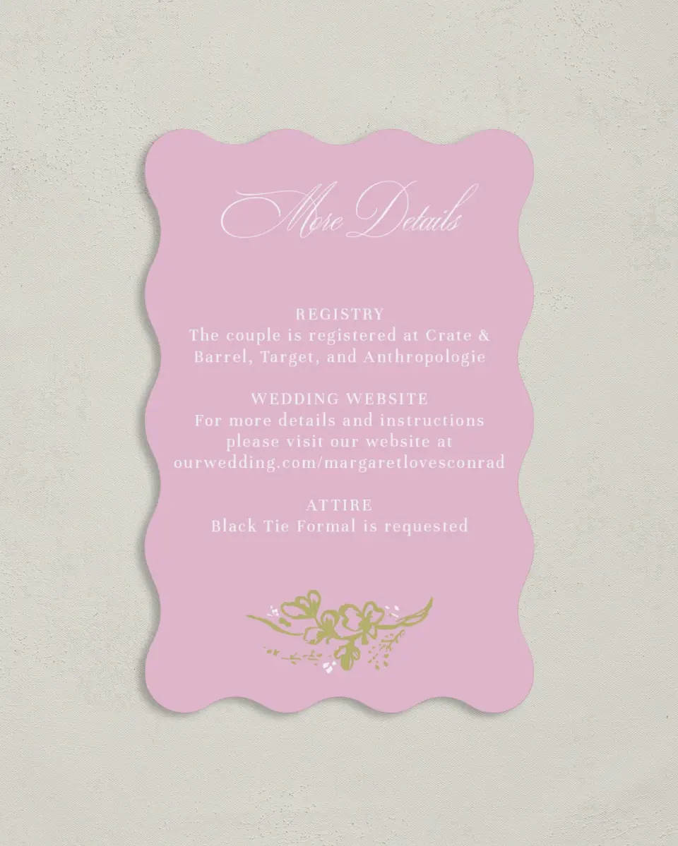 This is a 4" x 6" Wedding Invitation Enclosure Card called Evening in Bloom printed in full color on Luxe Satin paper
