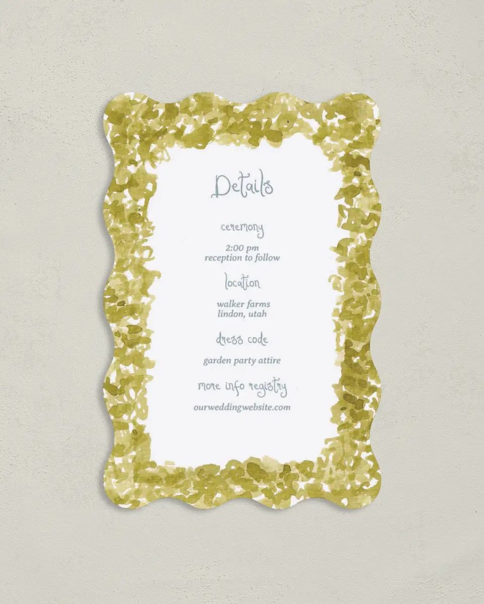 This is a 4" x 6" Wedding Invitation Enclosure Card called Soft Meadows printed in full color on Luxe Satin paper