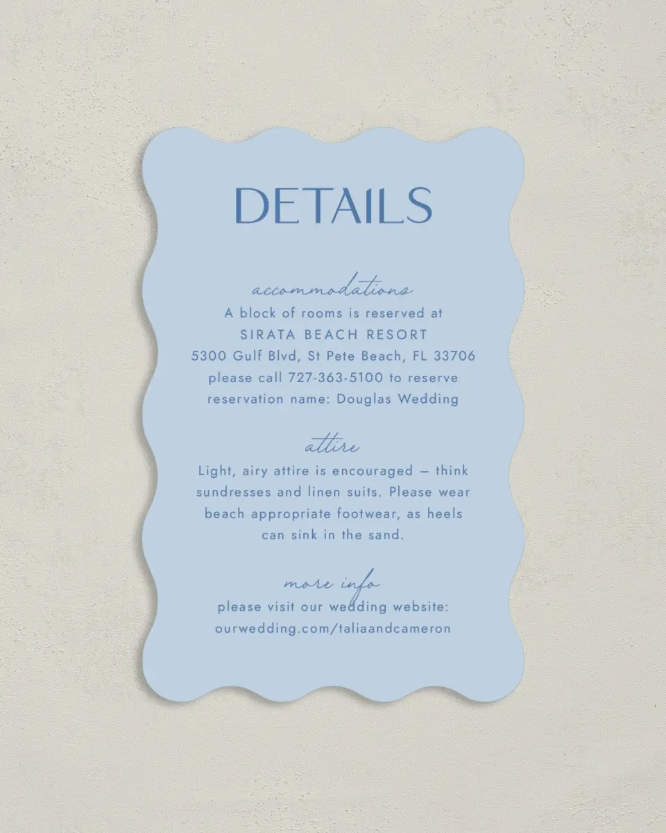 This is a 4" x 6" Wedding Invitation Enclosure Card called Seaside Serenade printed in full color on Luxe Satin paper