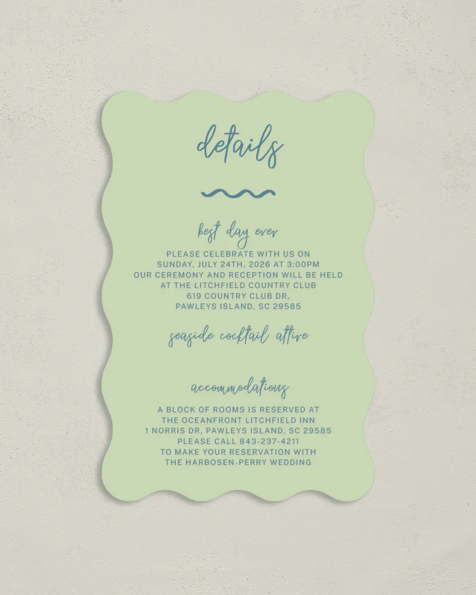 This is a 4" x 6" Wedding Invitation Enclosure Card called I Hear Wedding Shells printed in full color on Luxe Satin paper
