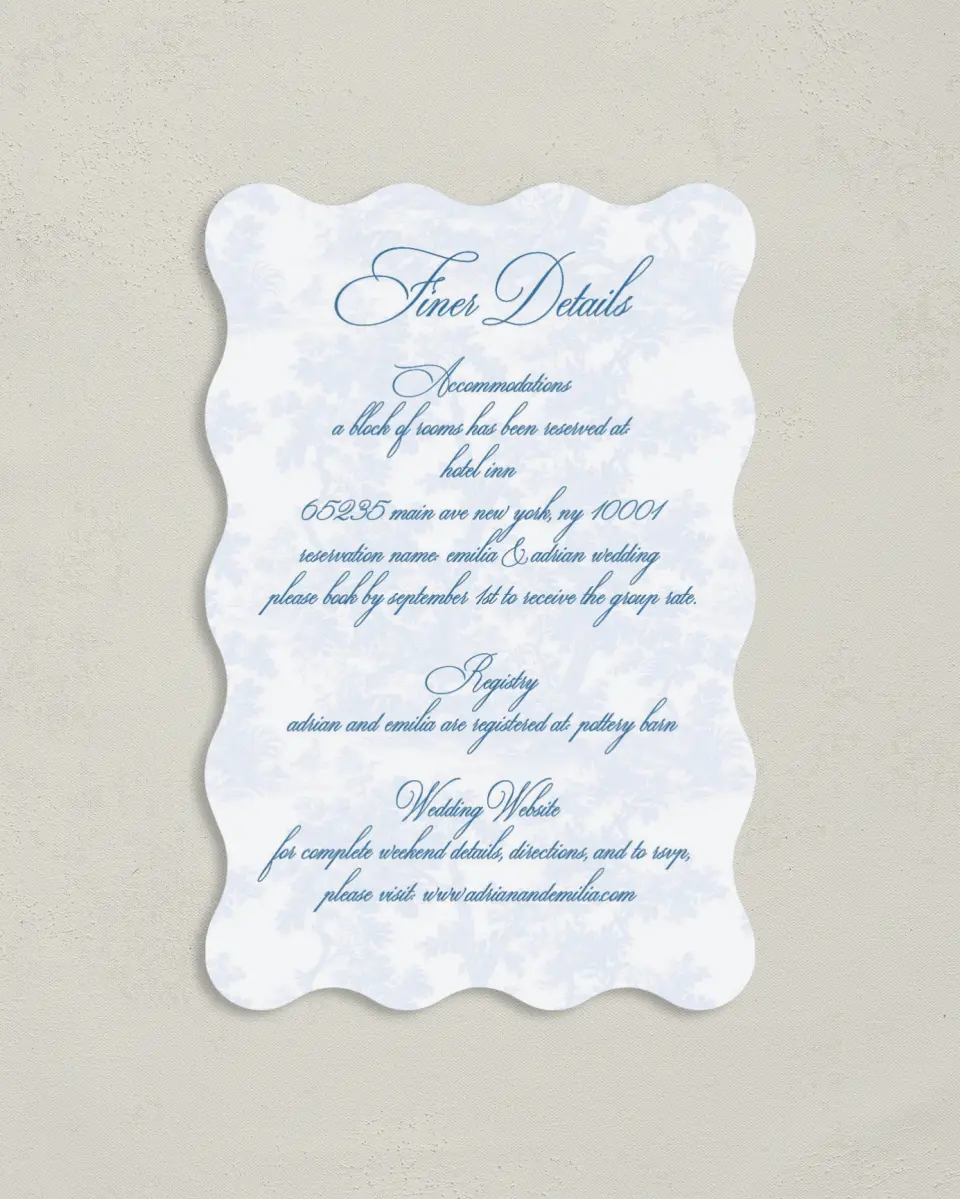 This is a 4" x 6" Wedding Invitation Enclosure Card called Blue Toile Romance printed in full color on Luxe Satin paper