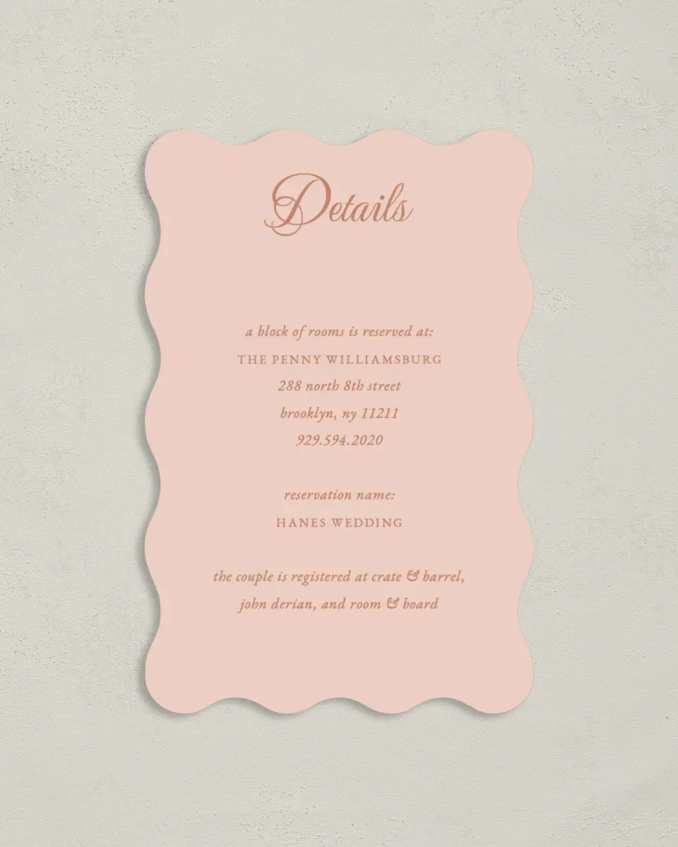 This is a 4" x 6" Wedding Invitation Enclosure Card called Patterned Love printed in full color on Luxe Satin paper