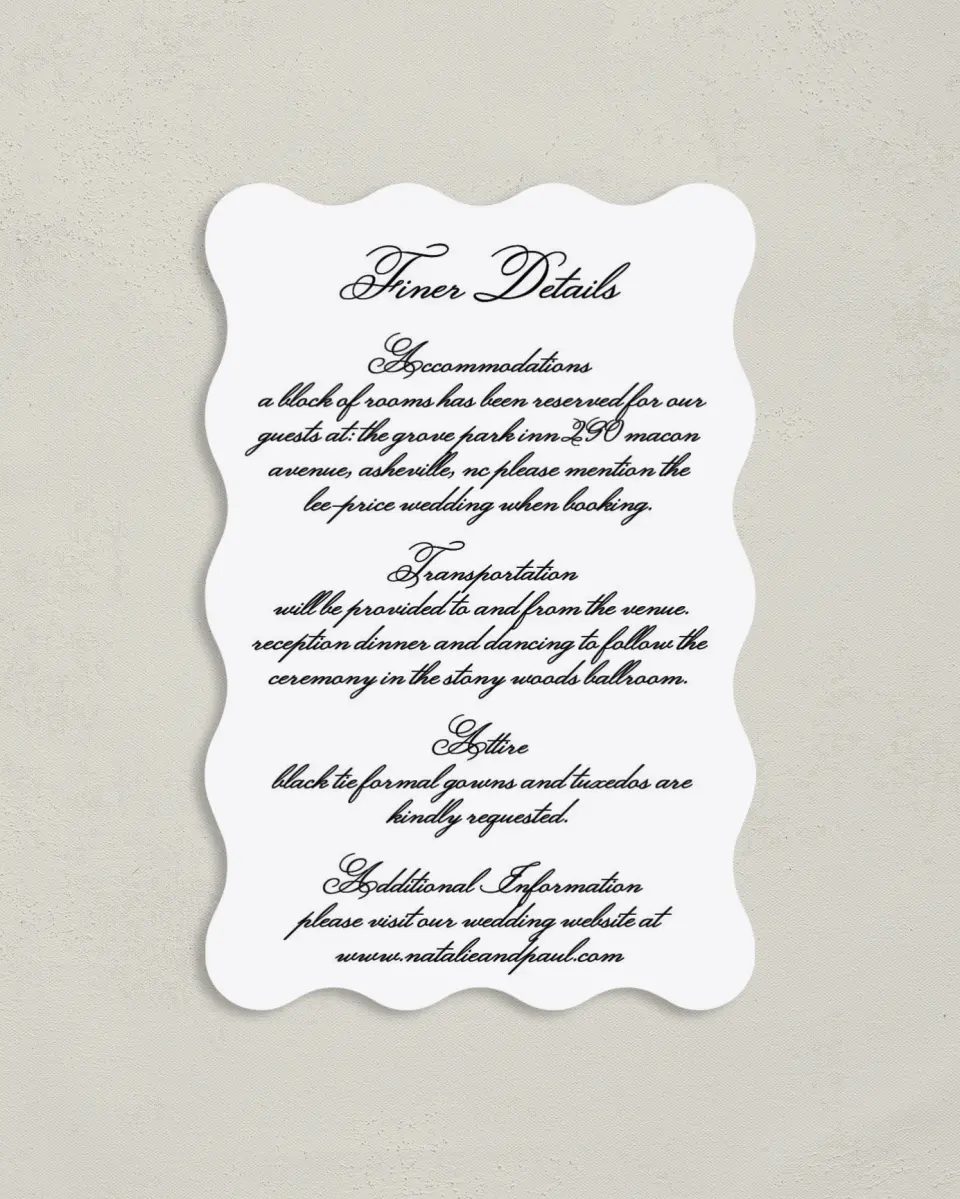 This is a 4" x 6" Wedding Invitation Enclosure Card called Formal Script printed in full color on Luxe Satin paper