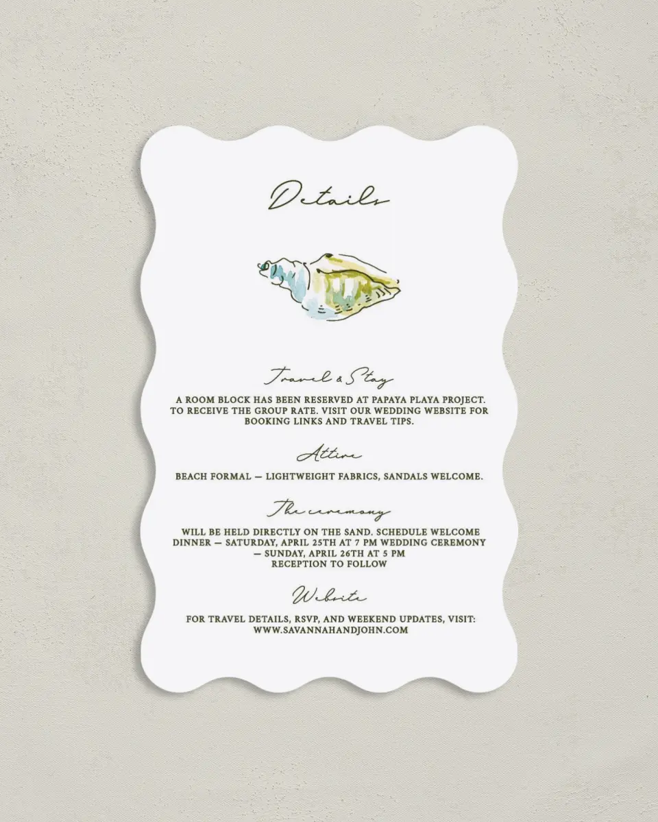 This is a 4" x 6" Wedding Invitation Enclosure Card called Whimsical Shells printed in full color on Luxe Satin paper