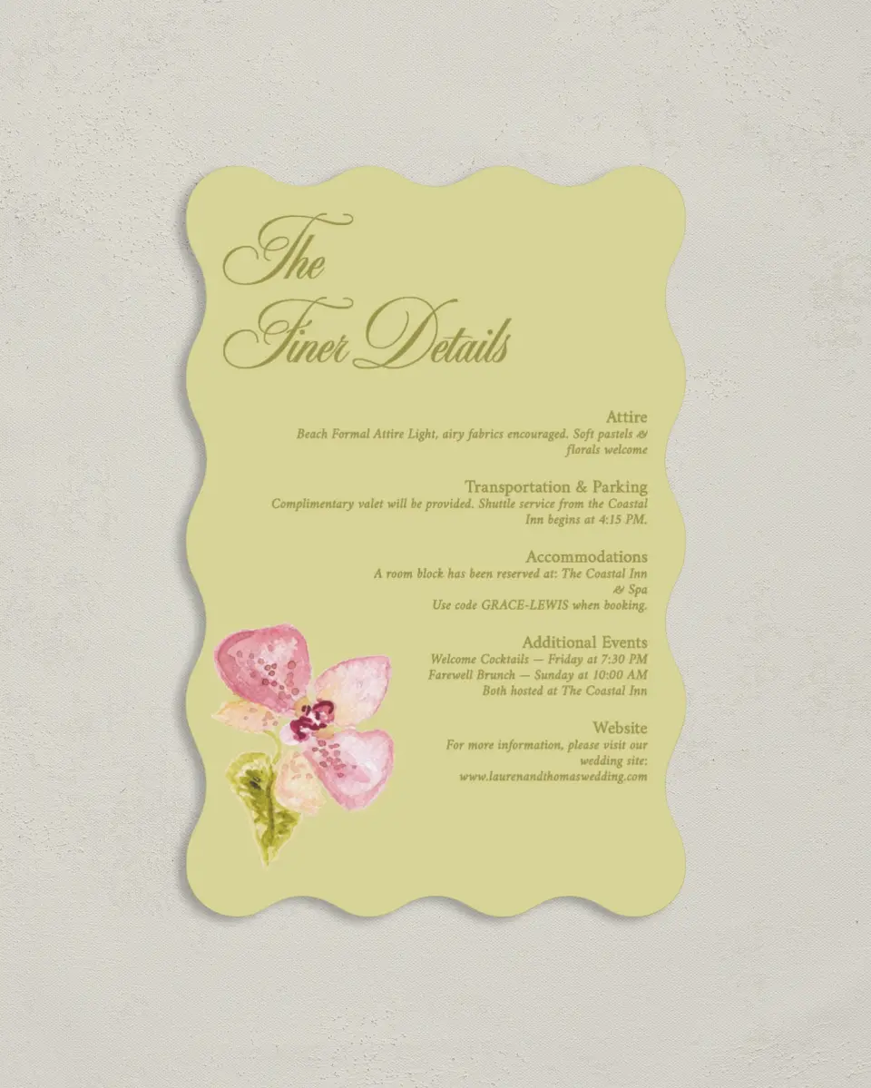This is a 4" x 6" Wedding Invitation Enclosure Card called Paradise in Bloom printed in full color on Luxe Satin paper