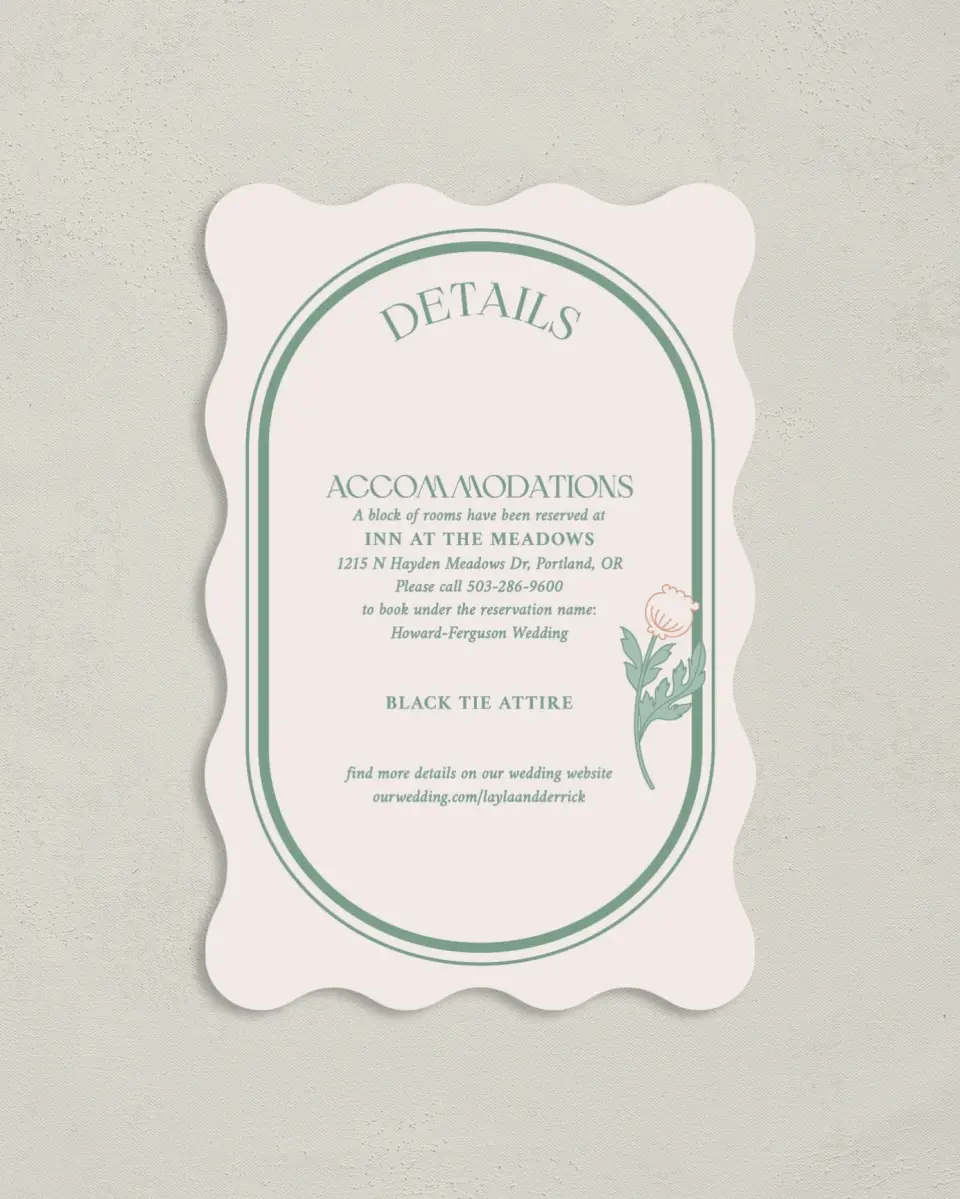 This is a 4" x 6" Wedding Invitation Enclosure Card called Vintage Dream printed in full color with Gold foil on Luxe Satin paper