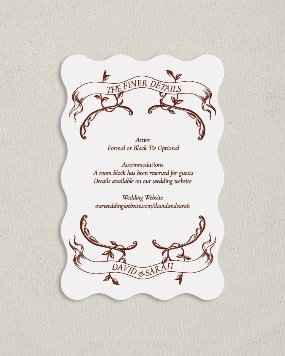 This is a 4" x 6" Wedding Invitation Enclosure Card called Trimmed Lace printed in full color with Gold foil on Luxe Satin paper