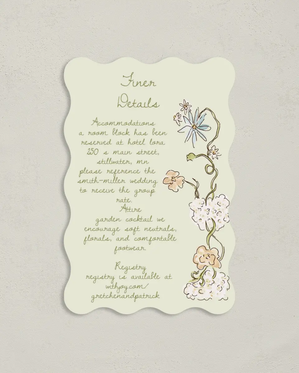 This is a 4" x 6" Wedding Invitation Enclosure Card called Soft Garden Vows printed in full color with Gold foil on Luxe Satin paper
