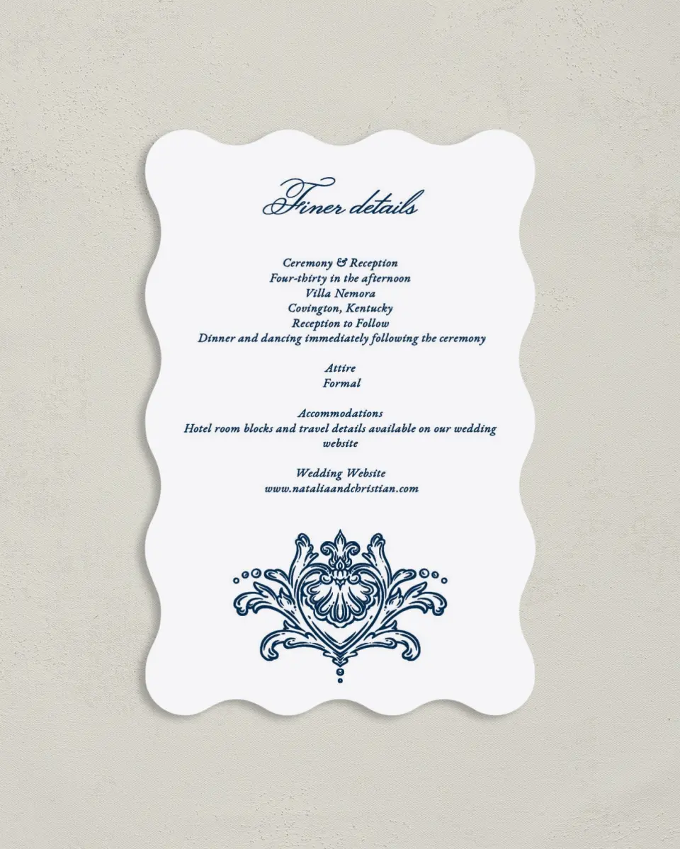 This is a 4" x 6" Wedding Invitation Enclosure Card called Heirloom Crest printed in full color with Gold foil on Luxe Satin paper