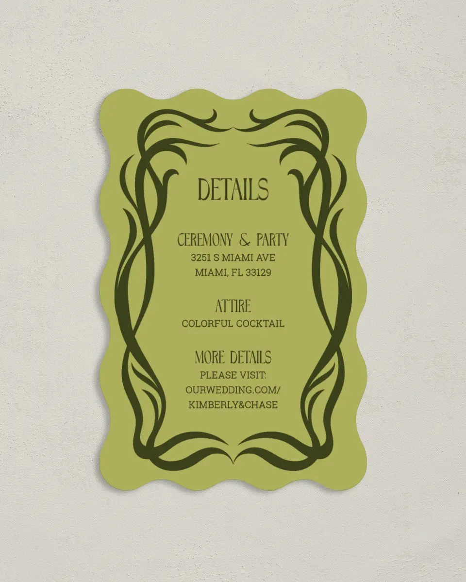 This is a 4" x 6" Wedding Invitation Enclosure Card called Nouveau Romance printed in full color with Gold foil on Luxe Satin paper