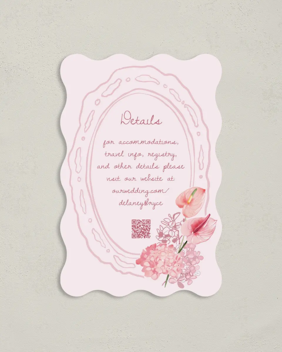 This is a 4" x 6" Wedding Invitation Enclosure Card called Blushing Whimsy printed in full color with Gold foil on Luxe Satin paper