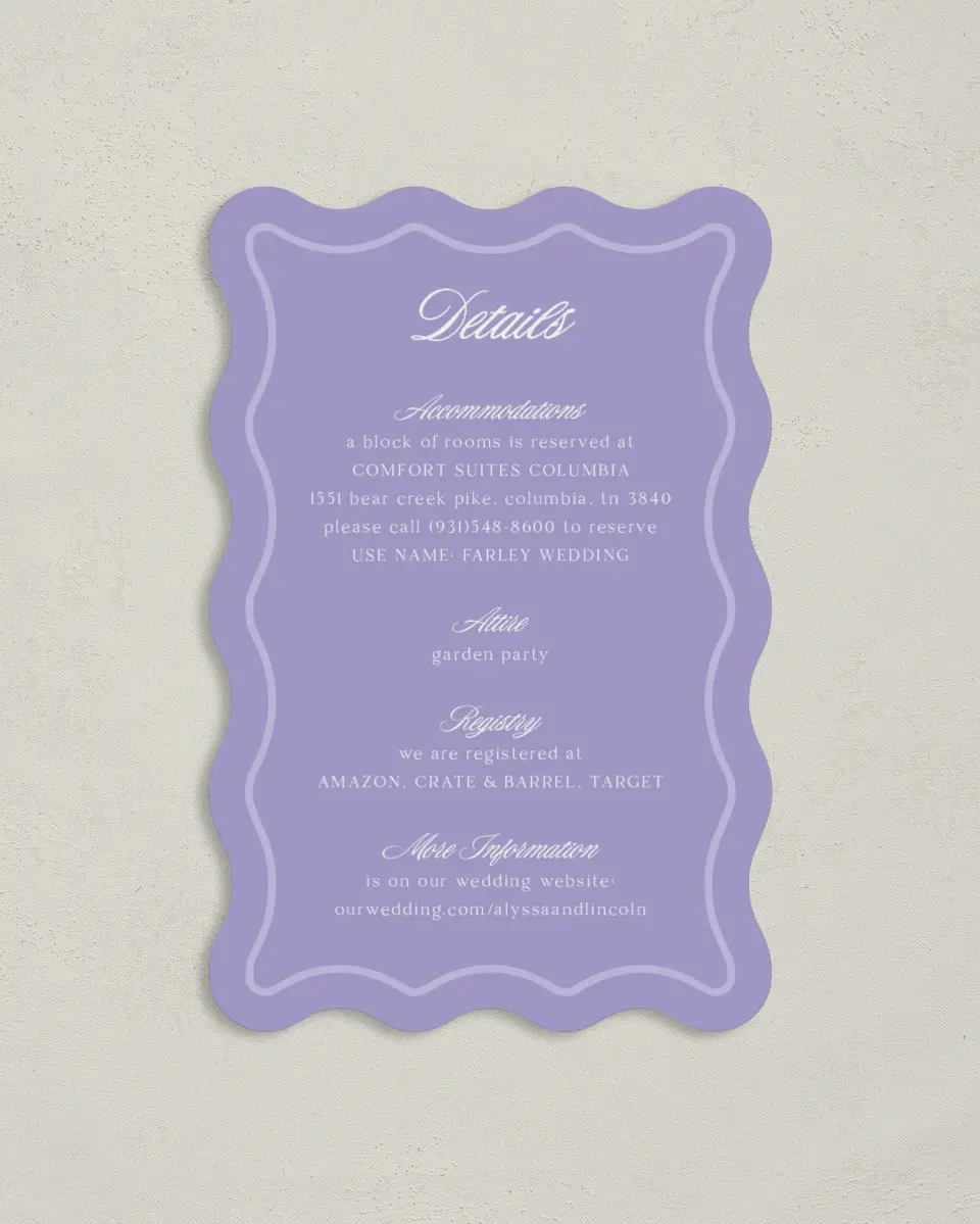This is a 4" x 6" Wedding Invitation Enclosure Card called Gentle Garden printed in full color with Gold foil on Luxe Satin paper
