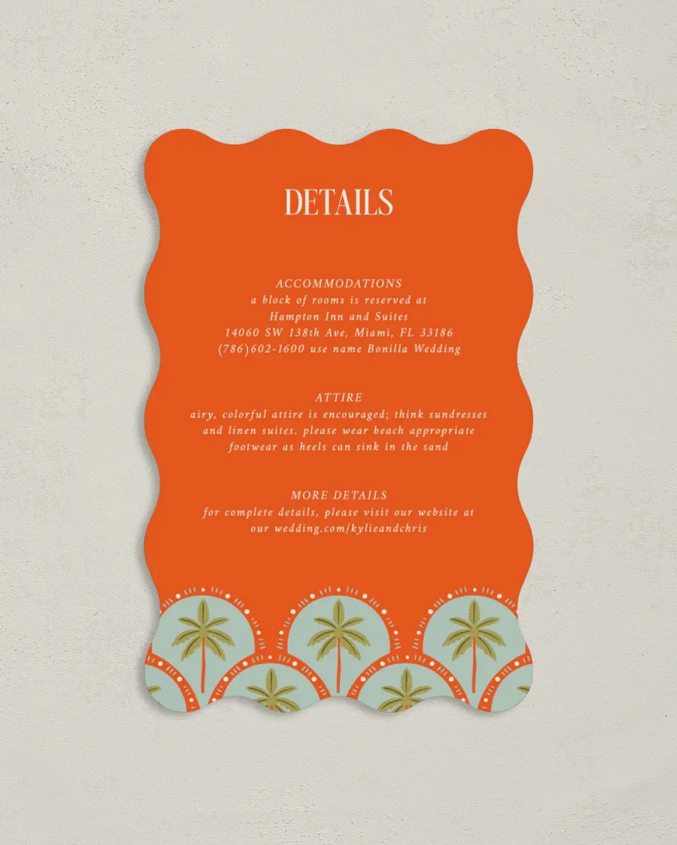 This is a 4" x 6" Wedding Invitation Enclosure Card called Tropical Treasure printed in full color with Gold foil on Luxe Satin paper