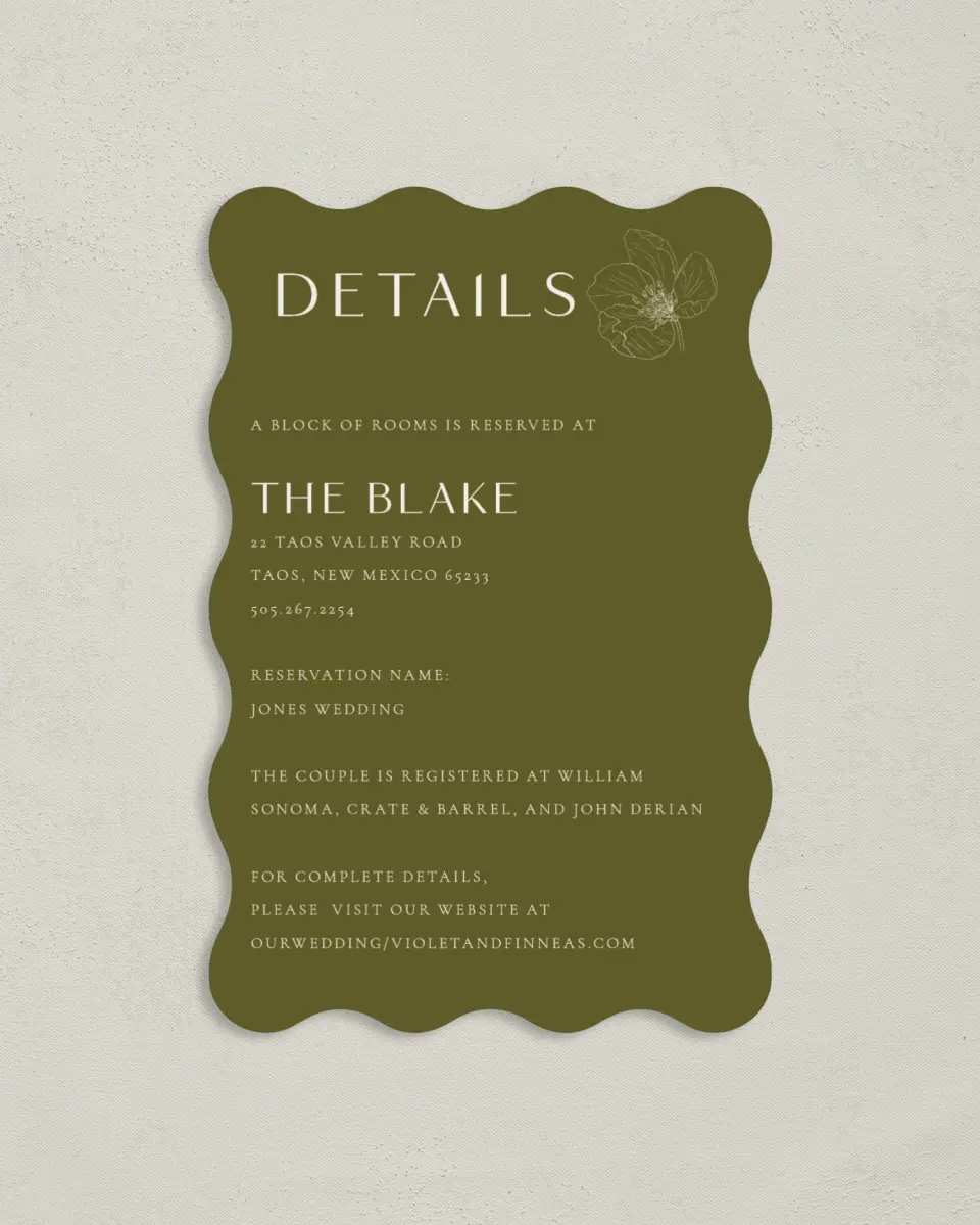 This is a 4" x 6" Wedding Invitation Enclosure Card called Delicate Love printed in full color with Gold foil on Luxe Satin paper