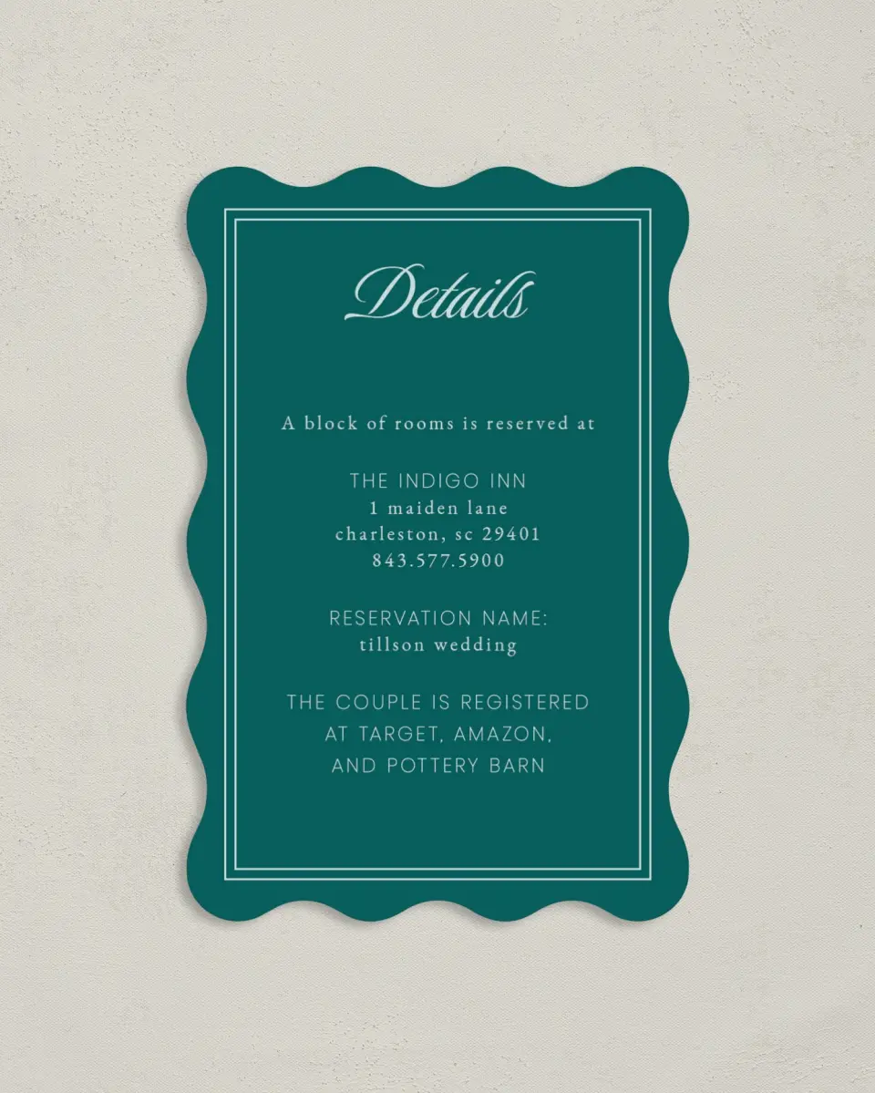This is a 4" x 6" Wedding Invitation Enclosure Card called Faithful Frame printed in full color with Gold foil on Luxe Satin paper