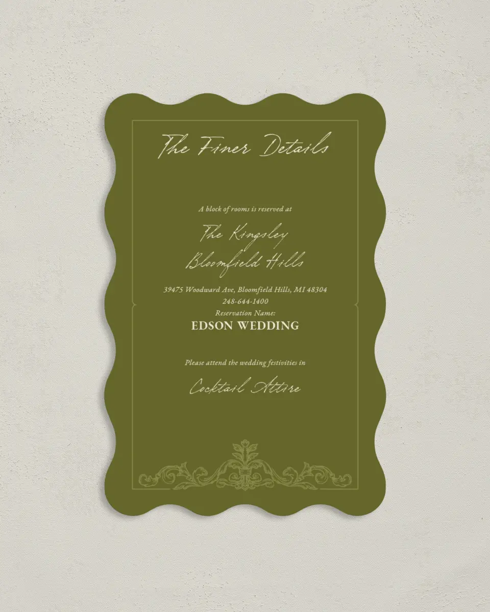This is a 4" x 6" Wedding Invitation Enclosure Card called Victorian Aura printed in full color with Gold foil on Luxe Satin paper