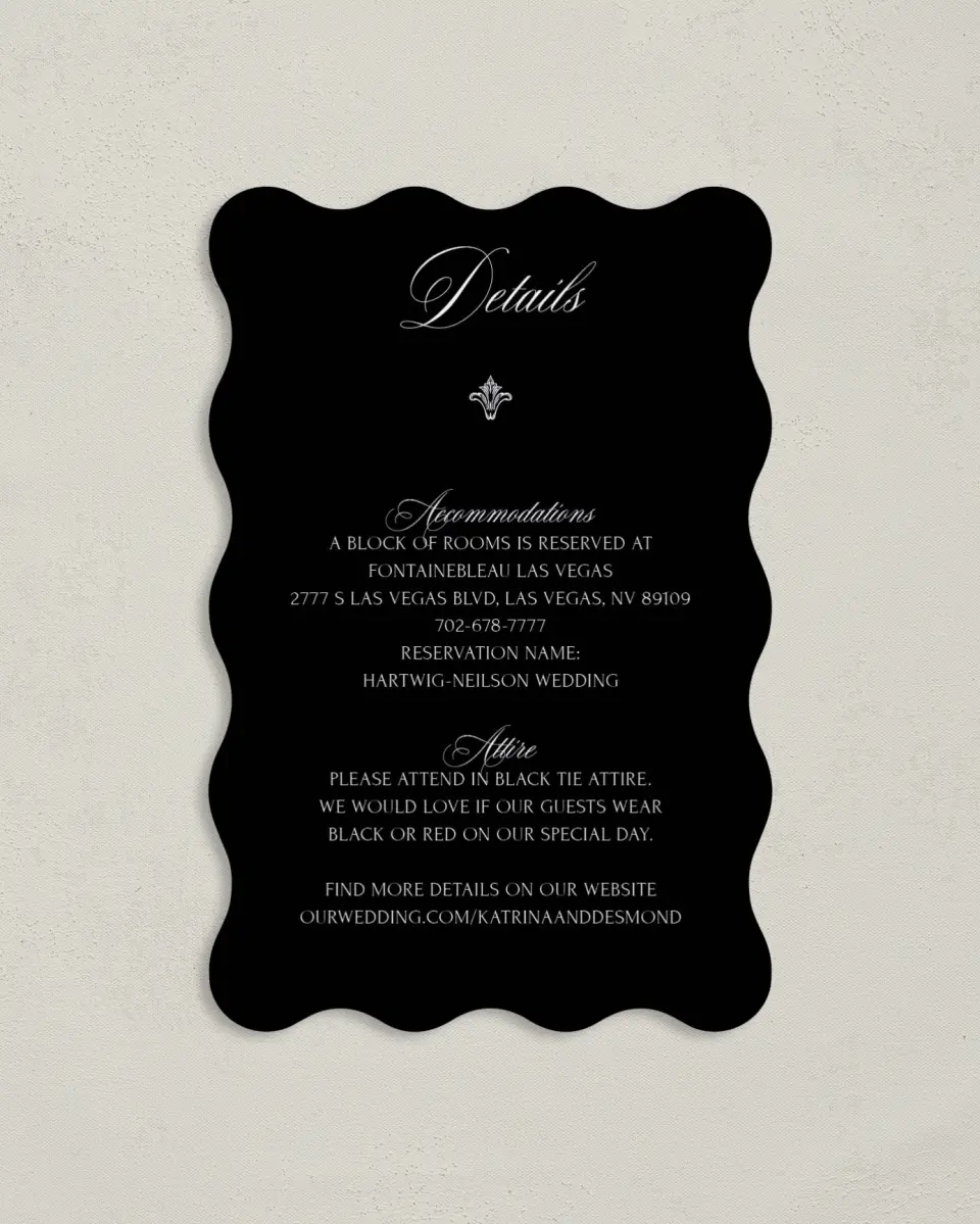 This is a 4" x 6" Wedding Invitation Enclosure Card called Elevated Vegas printed in full color with Gold foil on Luxe Satin paper
