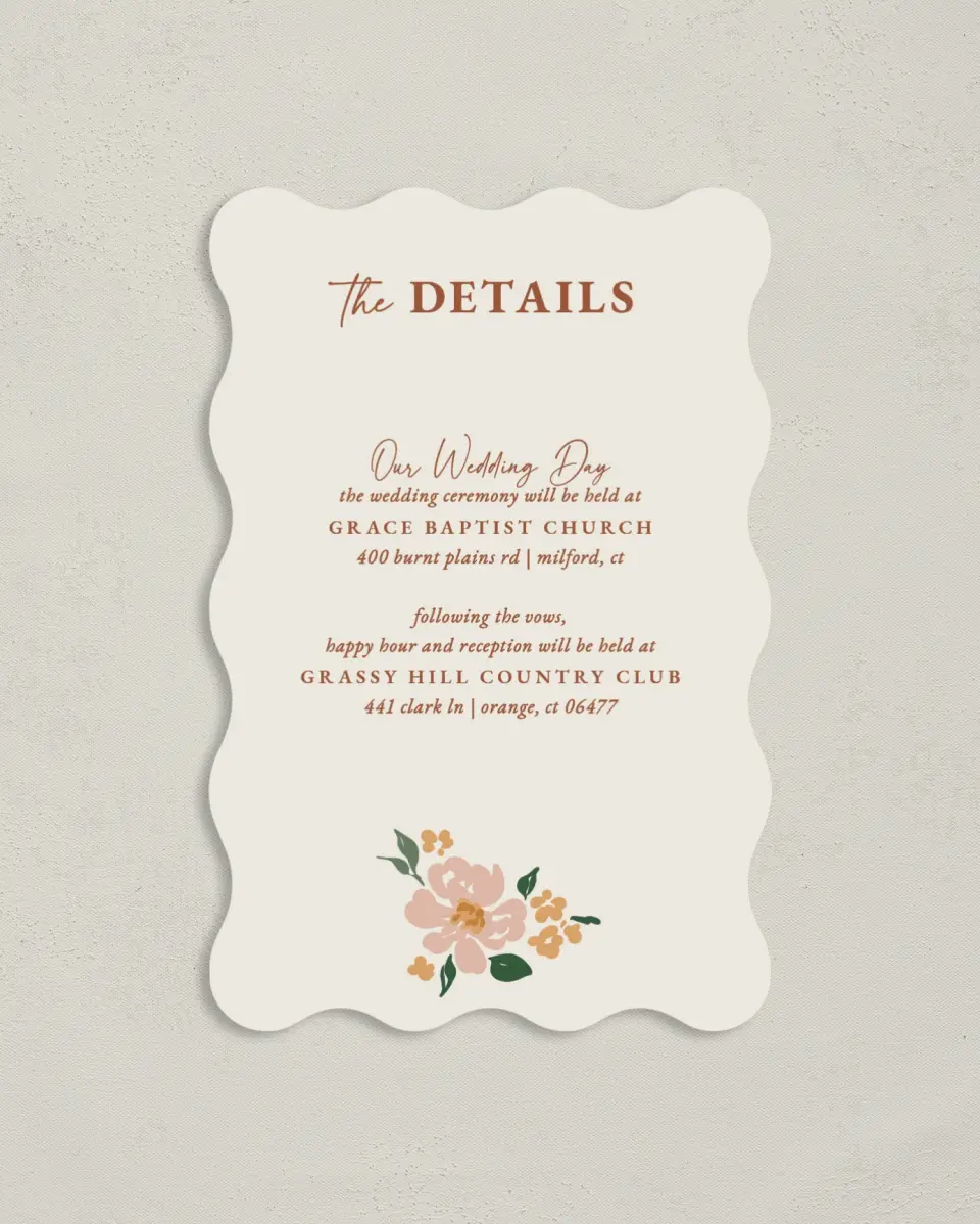 This is a 4" x 6" Wedding Invitation Enclosure Card called Plush Petals printed in full color with Gold foil on Luxe Satin paper