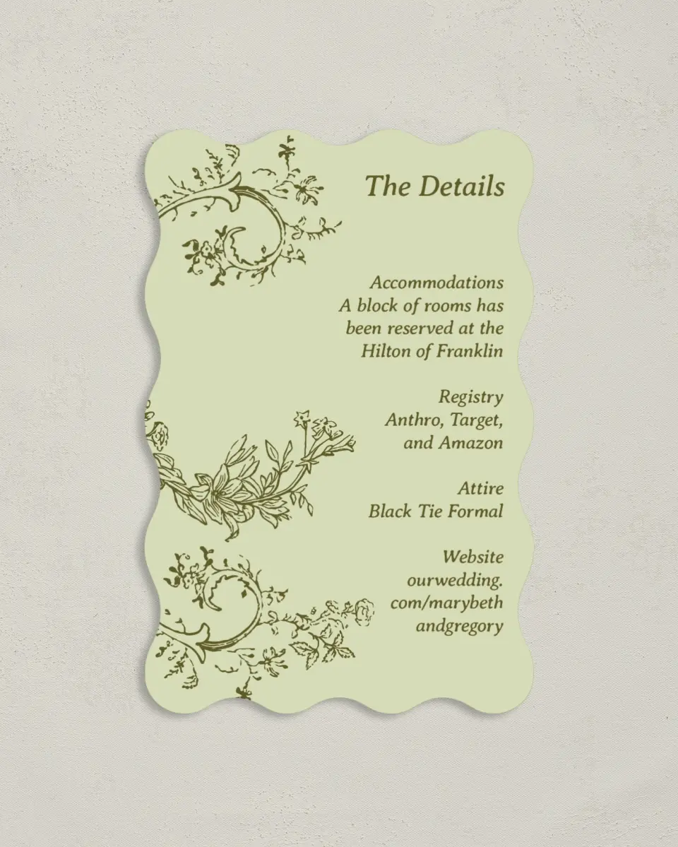 This is a 4" x 6" Wedding Invitation Enclosure Card called Vintage Chinoiserie printed in full color with Gold foil on Luxe Satin paper