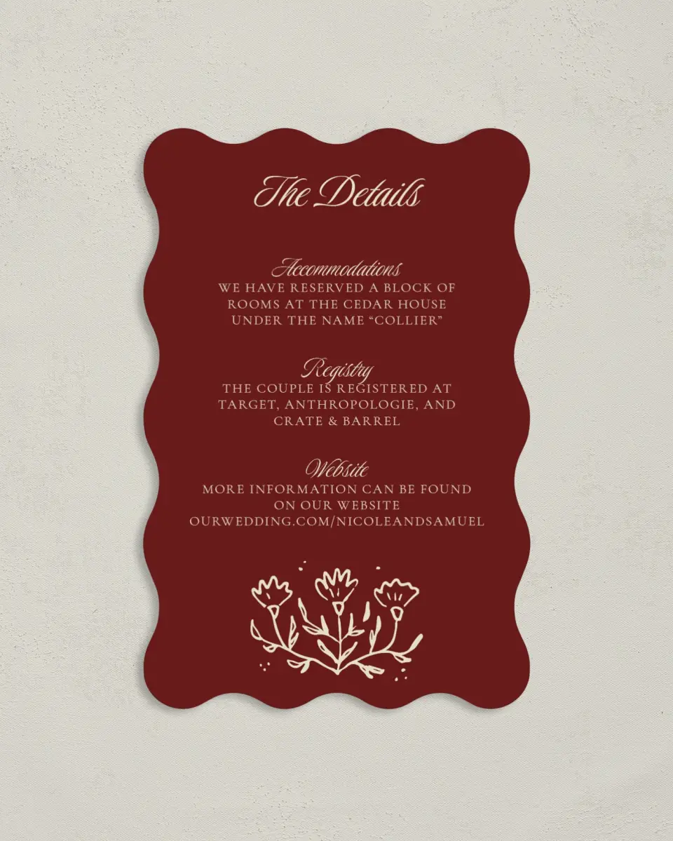 This is a 4" x 6" Wedding Invitation Enclosure Card called Bloom & Crest printed in full color with Gold foil on Luxe Satin paper