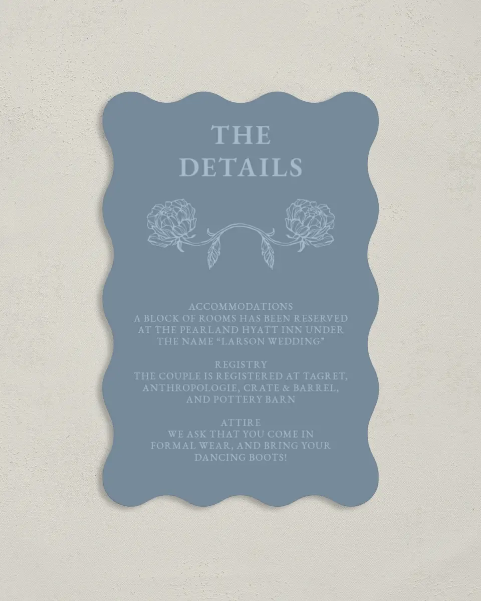 This is a 4" x 6" Wedding Invitation Enclosure Card called Pressed Petals printed in full color with Gold foil on Luxe Satin paper