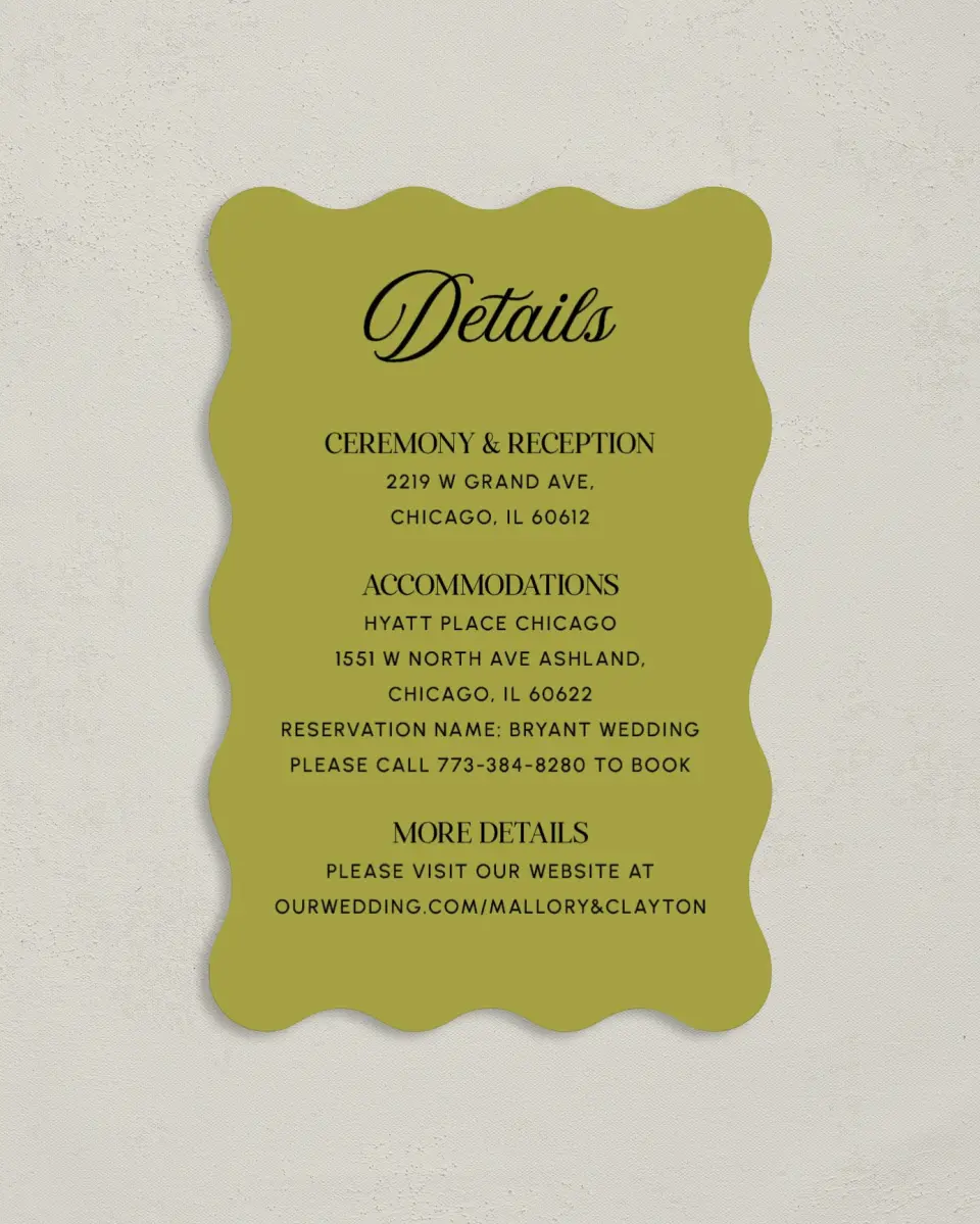 This is a 4" x 6" Wedding Invitation Enclosure Card called The Mallory printed in full color with Silver foil on Luxe Satin paper