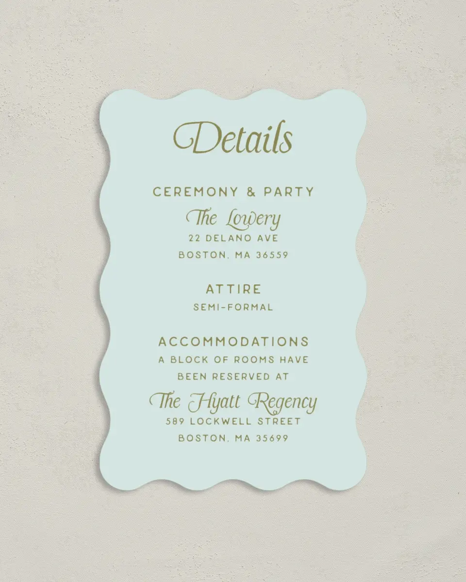 This is a 4" x 6" Wedding Invitation Enclosure Card called The Rosemary printed in full color with Gold foil on Luxe Satin paper
