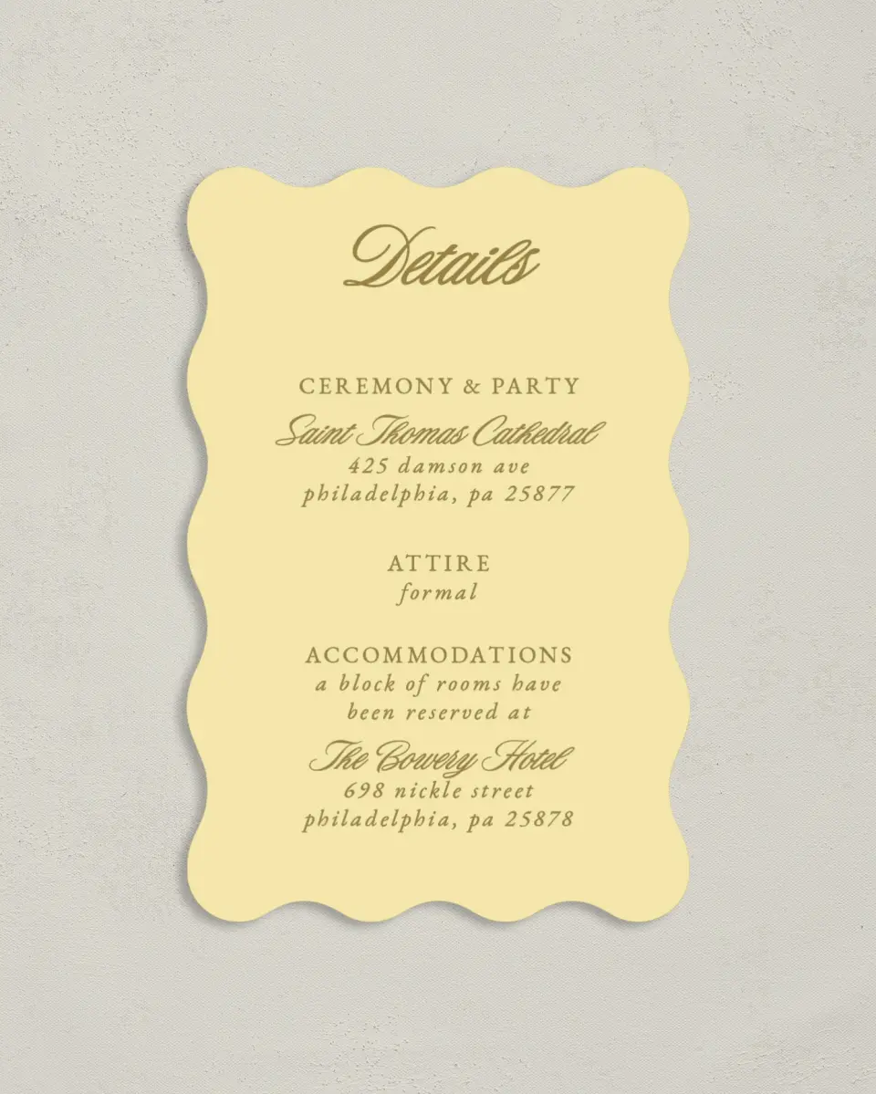 This is a 4" x 6" Wedding Invitation Enclosure Card called The Jillian printed in full color with Rose Gold foil on Luxe Satin paper
