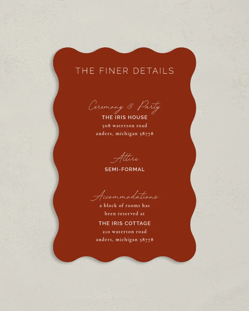 This is a 4" x 6" Wedding Invitation Enclosure Card called The Chelsea printed in full color with Silver foil on Luxe Satin paper
