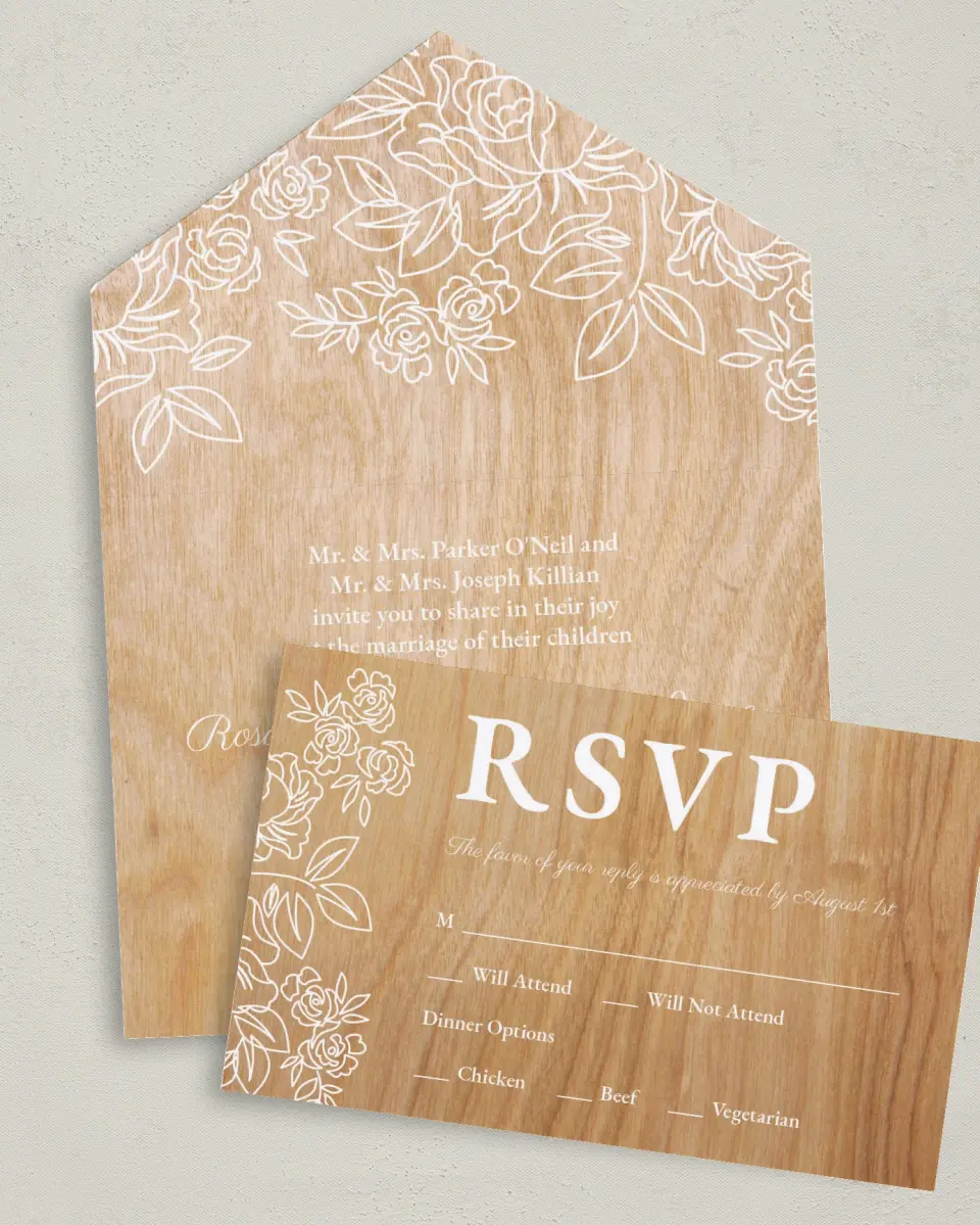 This is a 6" x 4½" All-in-One Wedding Invitation called Rustic Woodgrain printed in full color on Premium Smooth paper