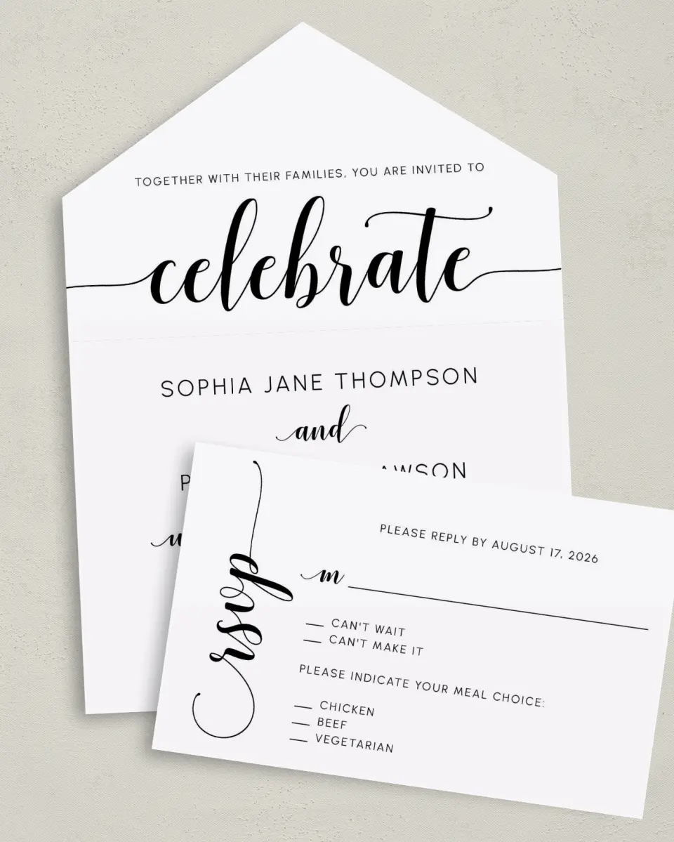 This is a 6" x 4½" All-in-One Wedding Invitation called True Celebration printed in full color on Premium Smooth paper