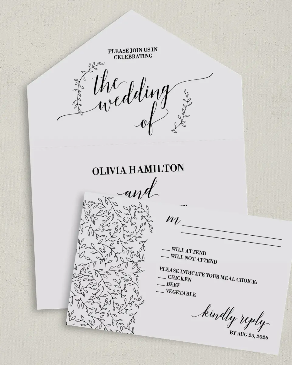 This is a 6" x 4½" All-in-One Wedding Invitation called Naturally Leaves printed in full color on Premium Smooth paper