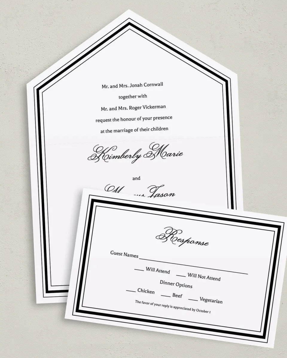 This is a 6" x 4½" All-in-One Wedding Invitation called Foremost Formal printed in full color on Premium Smooth paper
