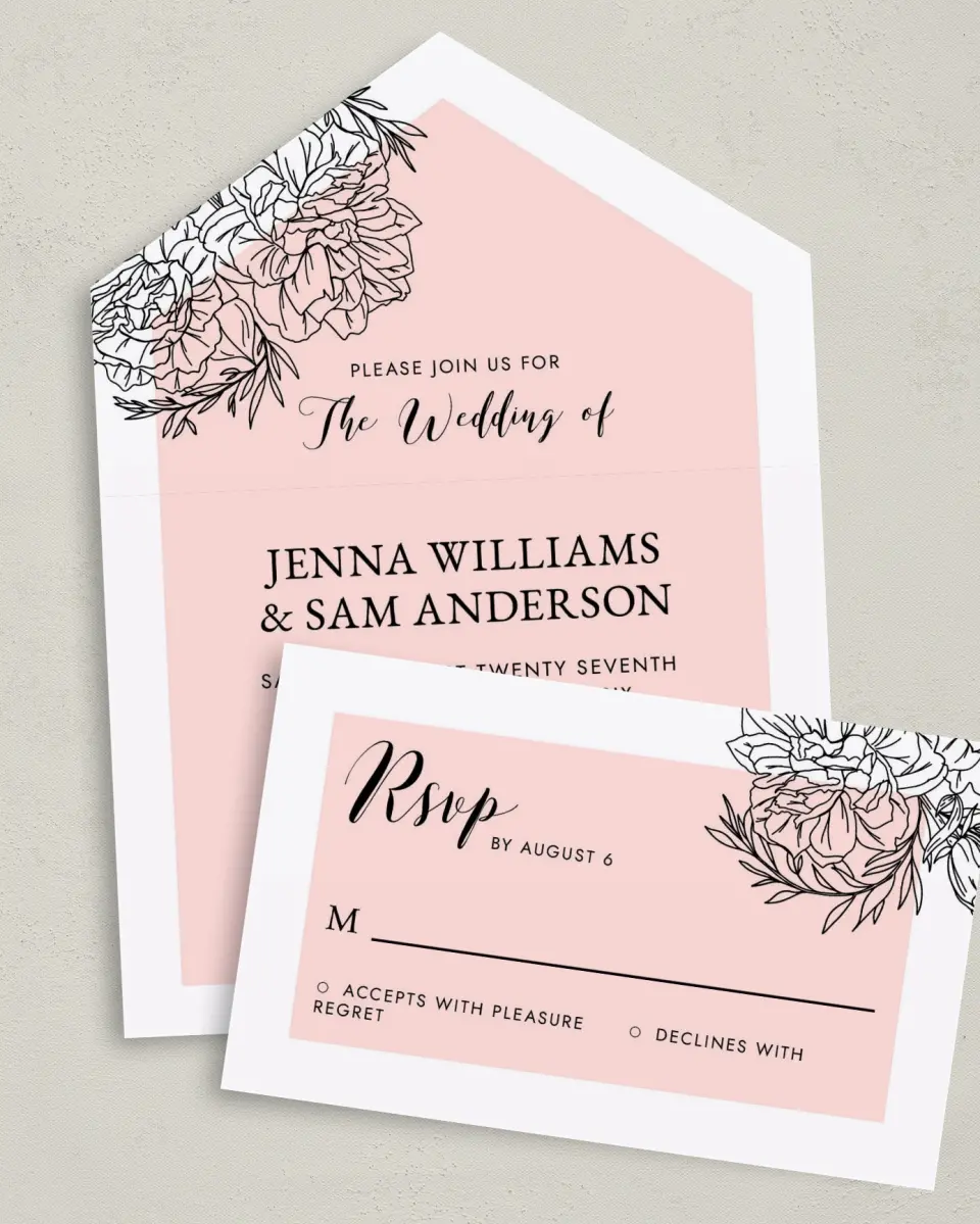 This is a 6" x 4½" All-in-One Wedding Invitation called Love's Whisper printed in full color on Premium Smooth paper