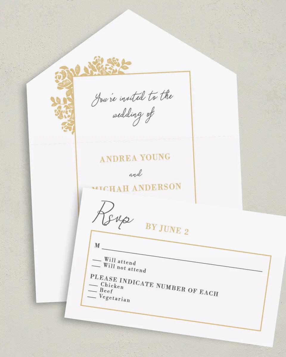 This is a 6" x 4½" All-in-One Wedding Invitation called Etched Elegance printed in full color on Premium Smooth paper