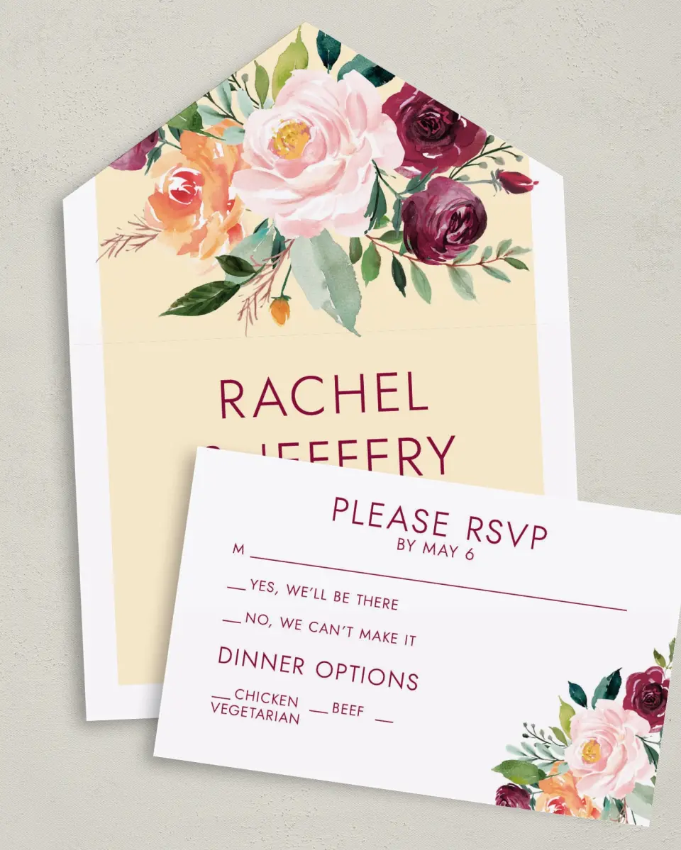 This is a 6" x 4½" All-in-One Wedding Invitation called Country Florals printed in full color on Premium Smooth paper