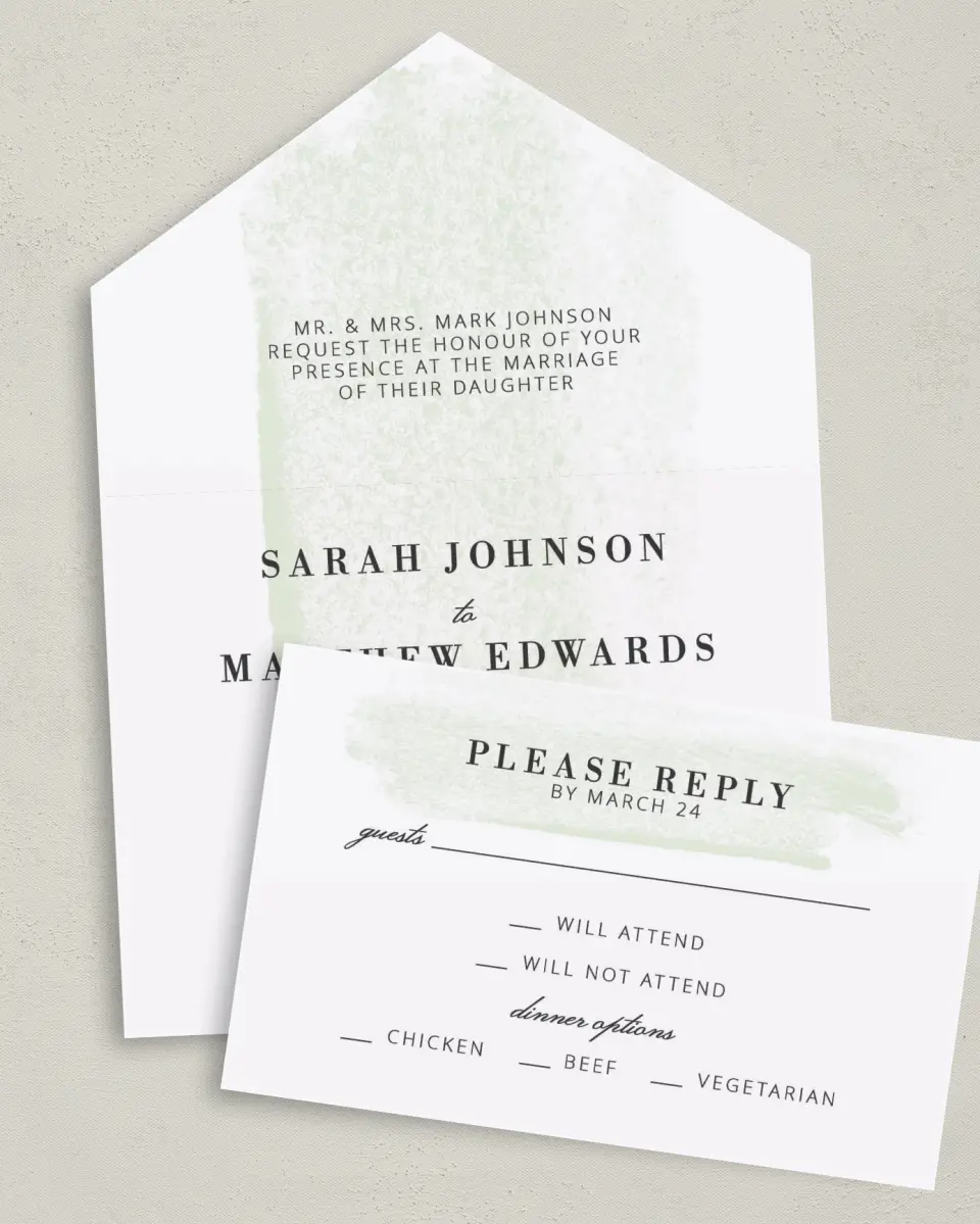 This is a 6" x 4½" All-in-One Wedding Invitation called Tranquil Twinkle printed in full color on Premium Smooth paper
