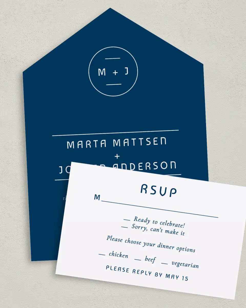 This is a 6" x 4½" All-in-One Wedding Invitation called Marvelous Monogram printed in full color on Premium Smooth paper