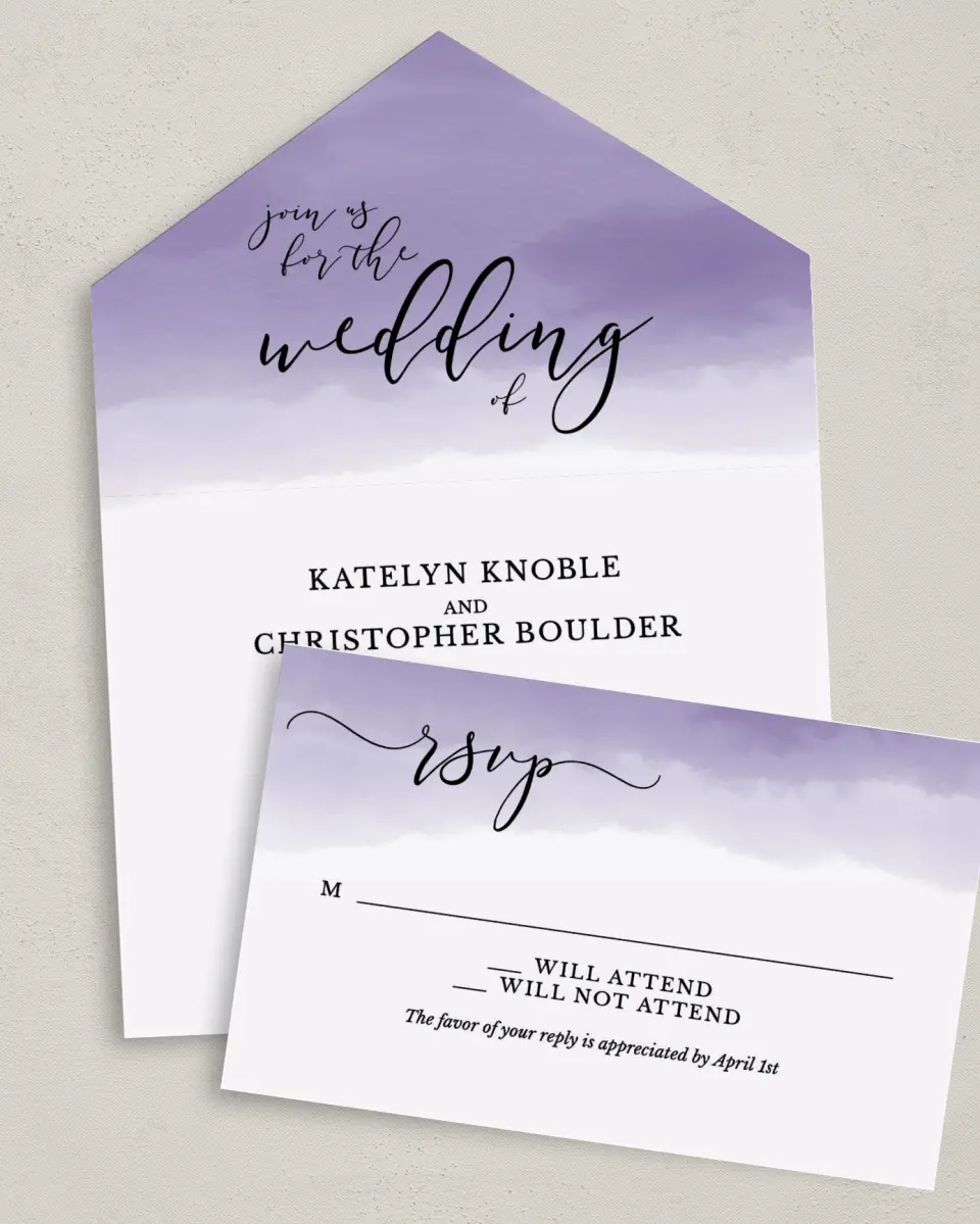 This is a 6" x 4½" All-in-One Wedding Invitation called Luminous Ombre printed in full color on Premium Smooth paper