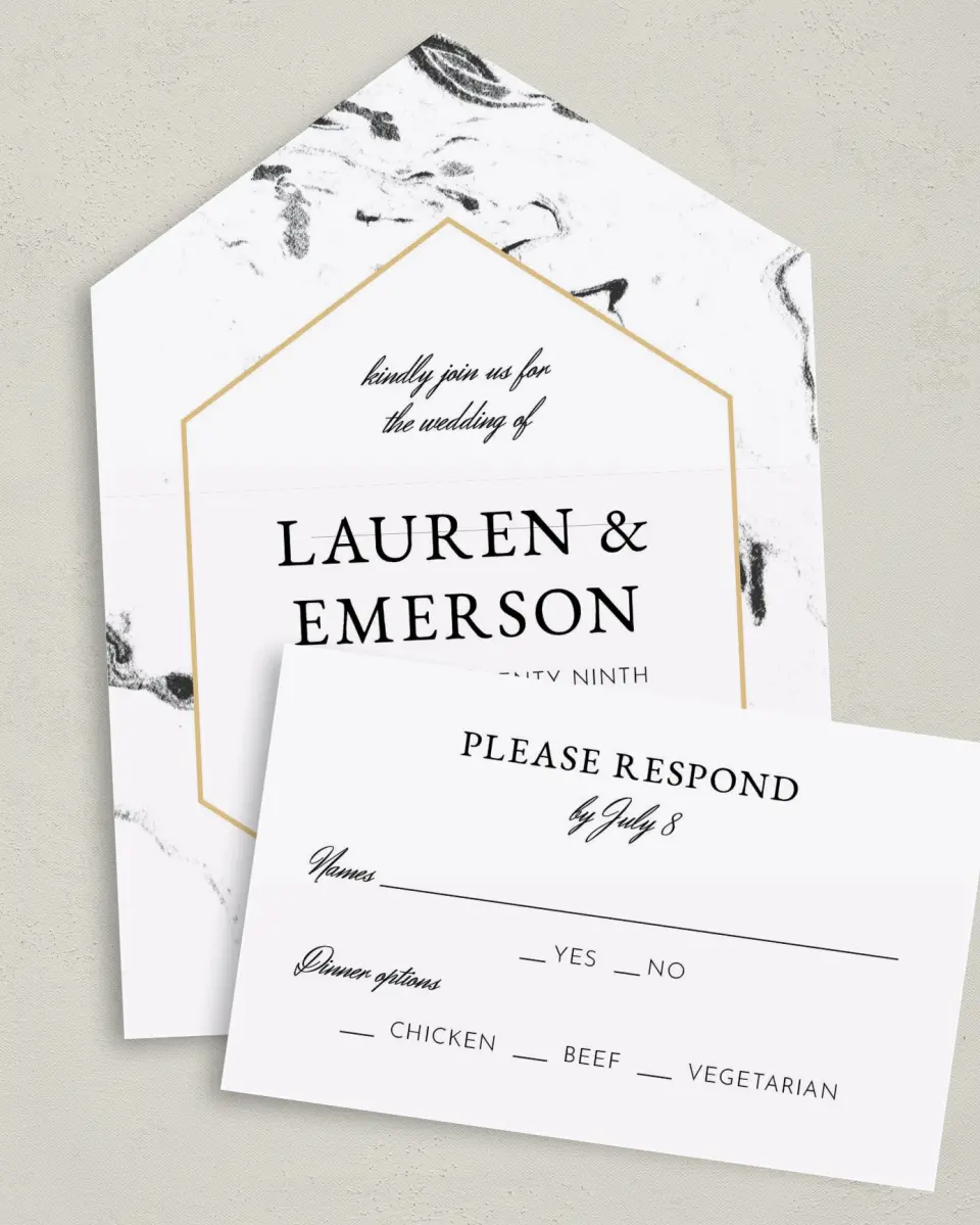 This is a 6" x 4½" All-in-One Wedding Invitation called Elegant Marble printed in full color on Premium Smooth paper