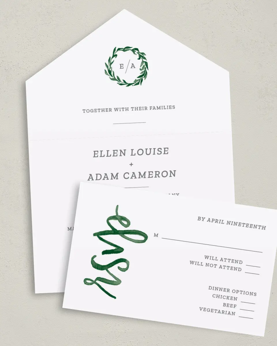 This is a 6" x 4½" All-in-One Wedding Invitation called Watercolor Monogram printed in full color on Premium Smooth paper