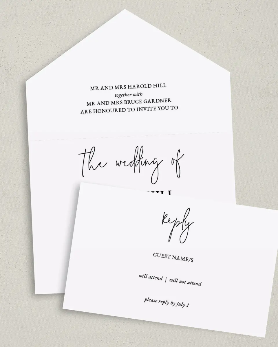 This is a 6" x 4½" All-in-One Wedding Invitation called Sensibly Simple printed in full color on Premium Smooth paper