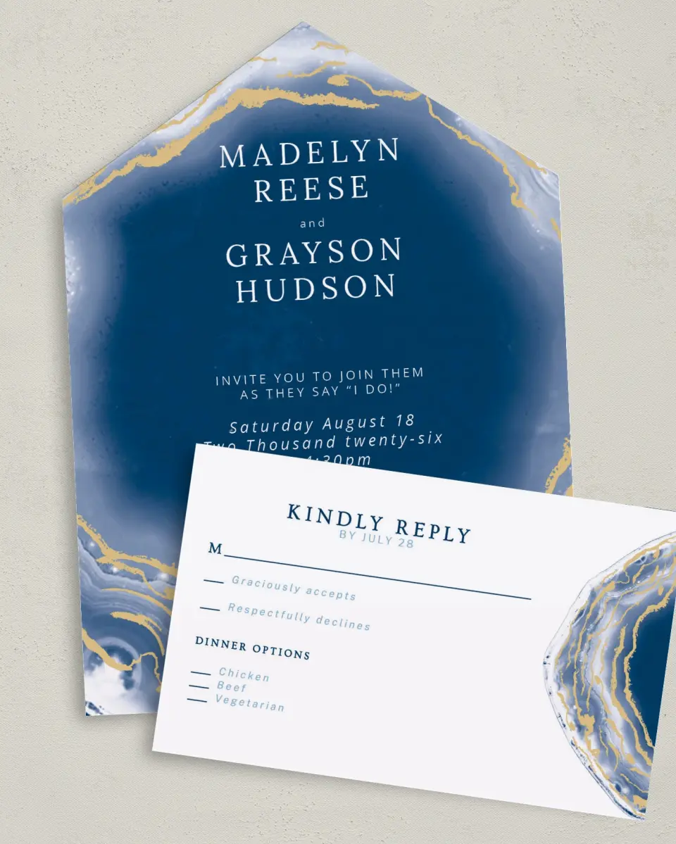 This is a 6" x 4½" All-in-One Wedding Invitation called Dazzling Agate printed in full color on Premium Smooth paper