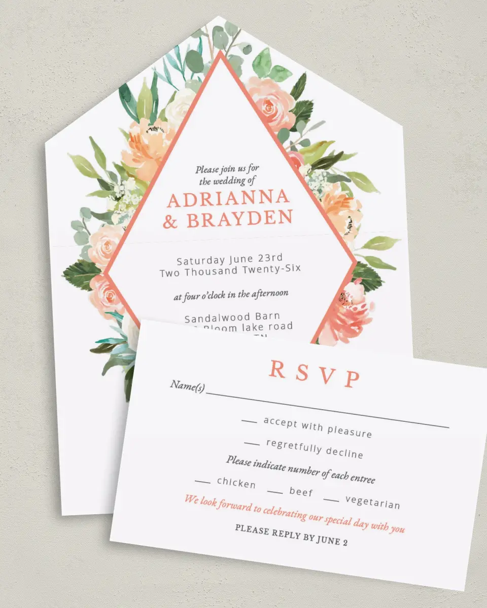 This is a 6" x 4½" All-in-One Wedding Invitation called Diamond Garden printed in full color on Premium Smooth paper