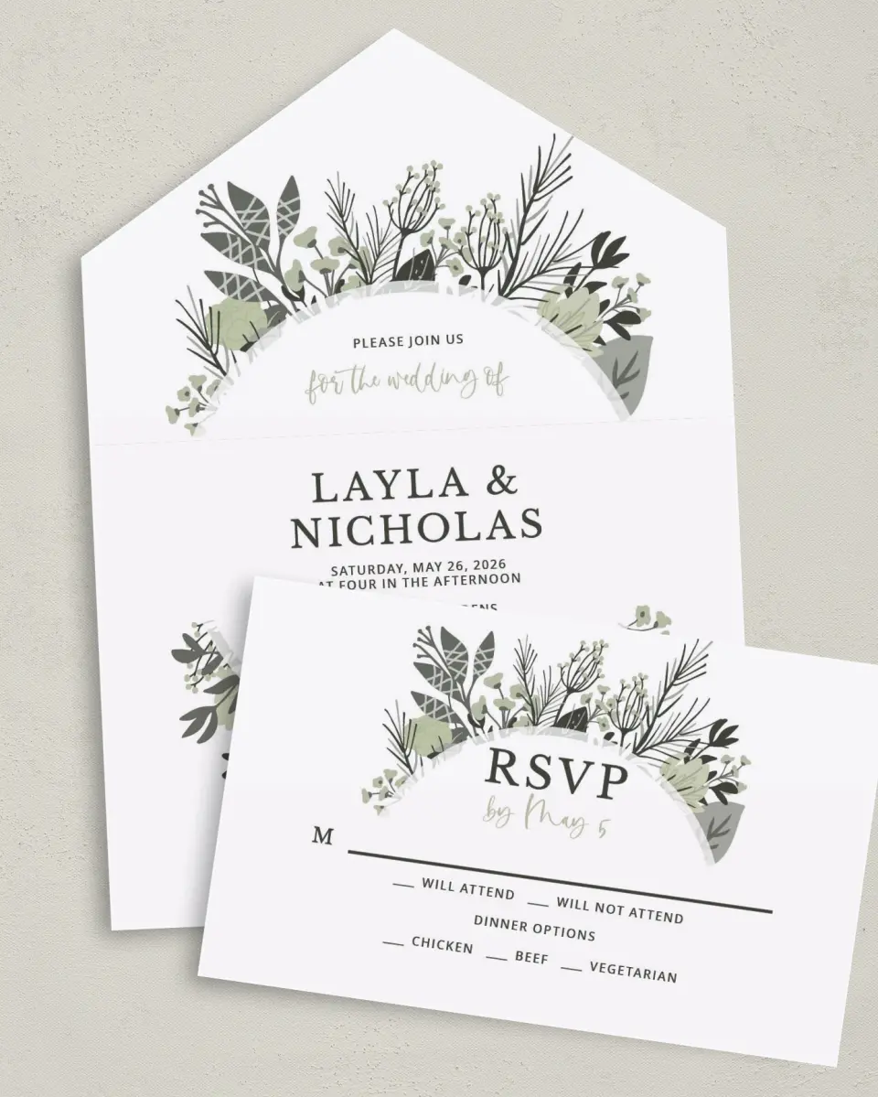 This is a 6" x 4½" All-in-One Wedding Invitation called Greenery Crown printed in full color on Premium Smooth paper