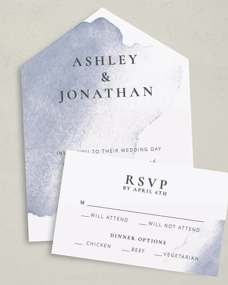 This is a 6" x 4½" All-in-One Wedding Invitation called Stroke of Luck printed in full color on Premium Smooth paper