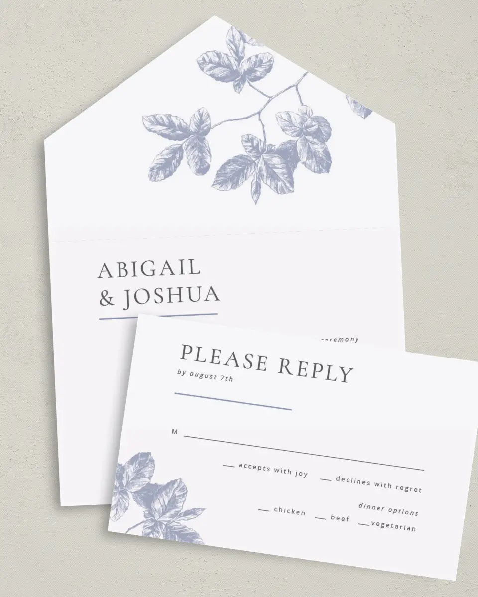 This is a 6" x 4½" All-in-One Wedding Invitation called Leafy Elegance printed in full color on Premium Smooth paper